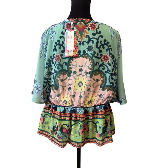 New FARM RIO Anthropologie BOHO Green Floral Idiya V-Neck Blouse Size S - Picture 6 of 8